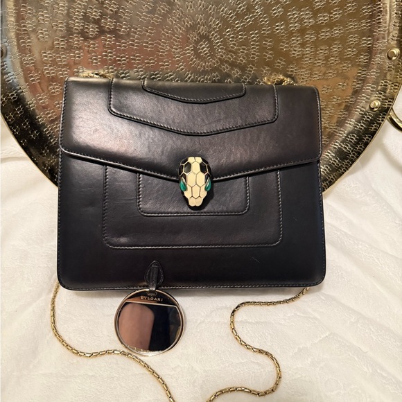 BVLGARI Handbags - Bulgari Black Leather Shoulder Bag with Gold-Tone Hardware